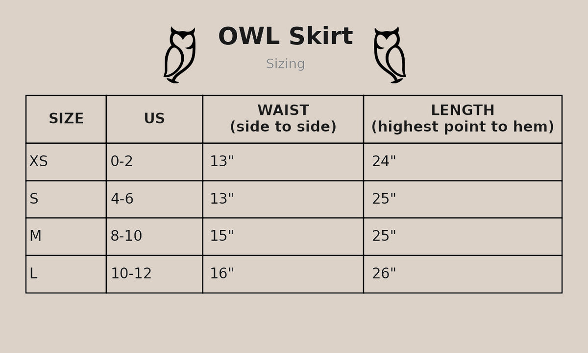 OWL skirt size chart: waist and length measurements for sizes XS through L